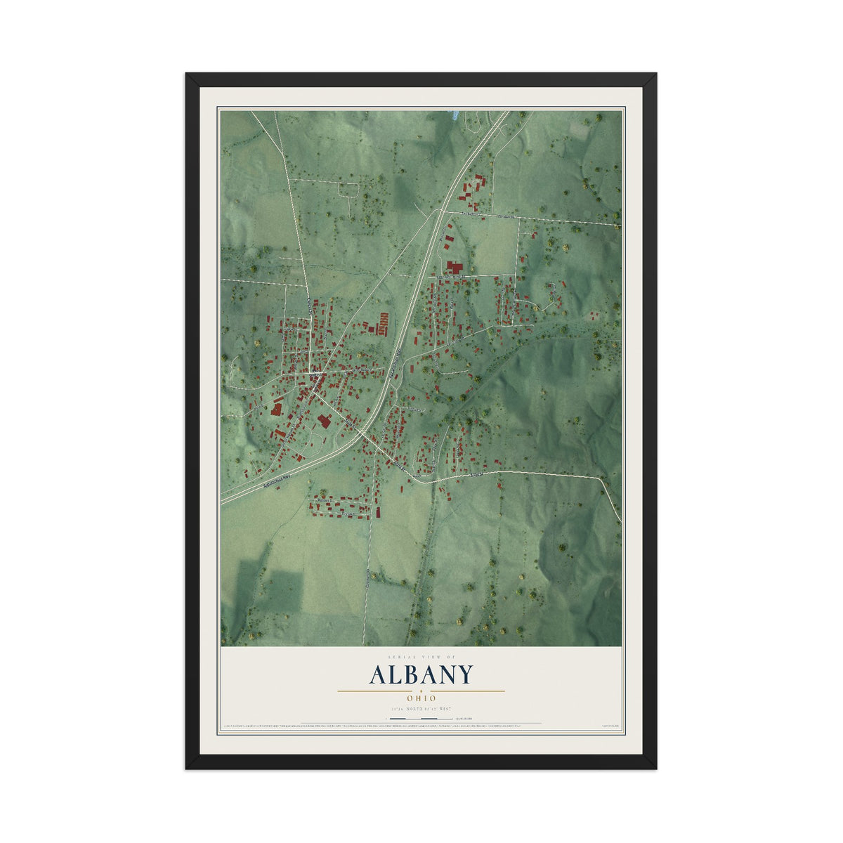 Map of Albany, Ohio, 12 x 18 inch print in a black wood frame