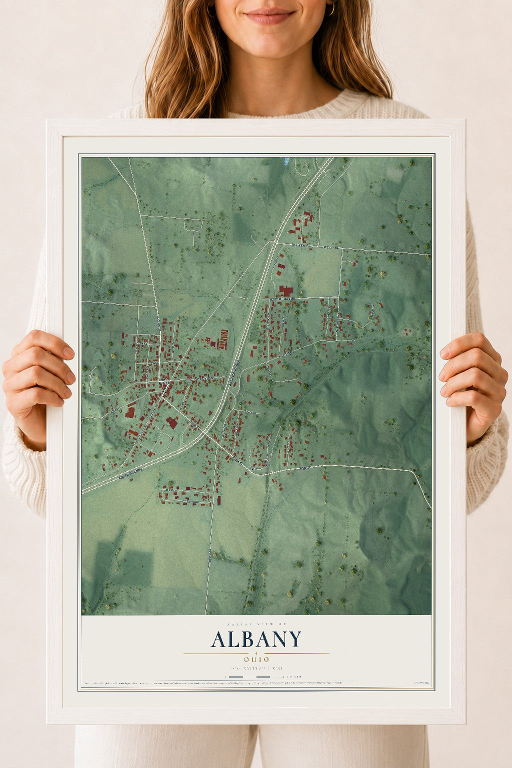 Map of Albany, Ohio, 18 x 24 inch print in a white wood frame