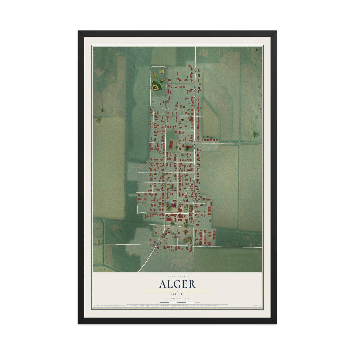 Map of Alger, Ohio, 12 x 18 inch print in a black wood frame