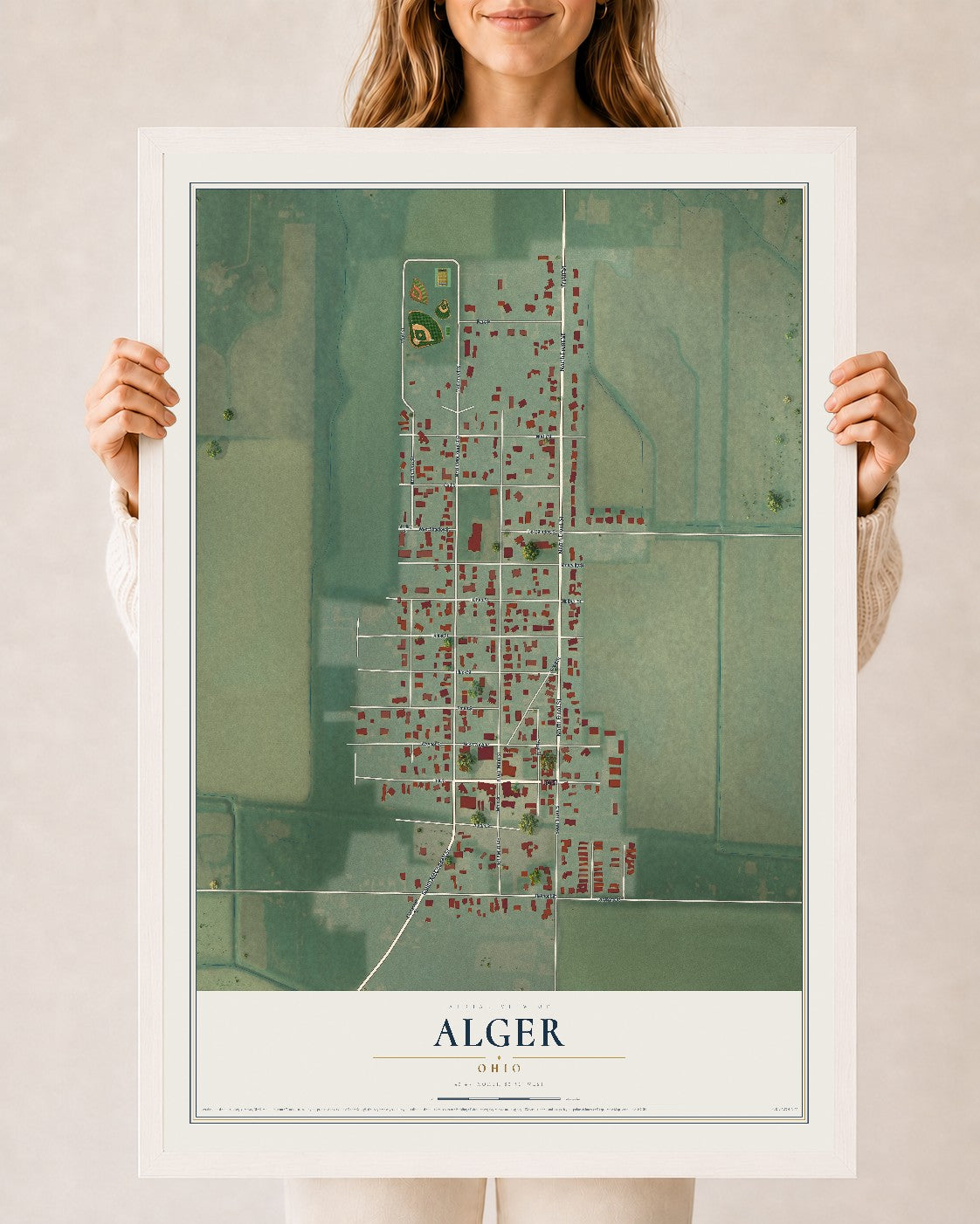Map of Alger, Ohio, 24 x 36 inch print in a white wood frame