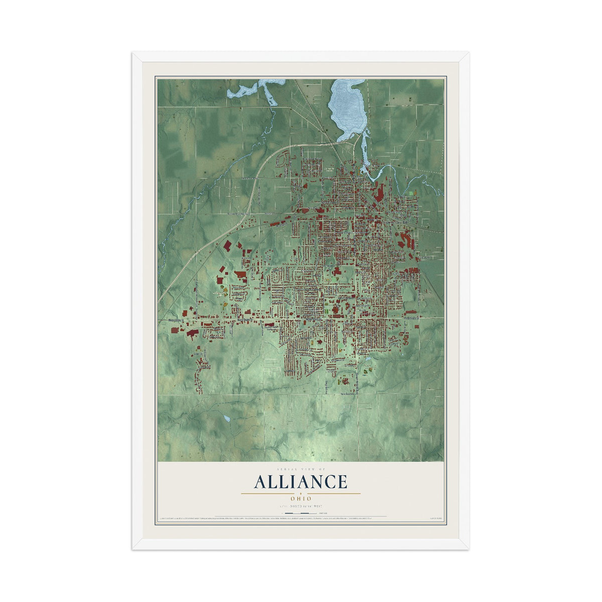 Map of Alliance, Ohio, 12 x 18 inch print in a white wood frame