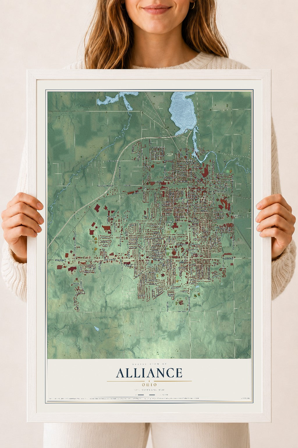 Map of Alliance, Ohio, 18 x 24 inch print in a white wood frame
