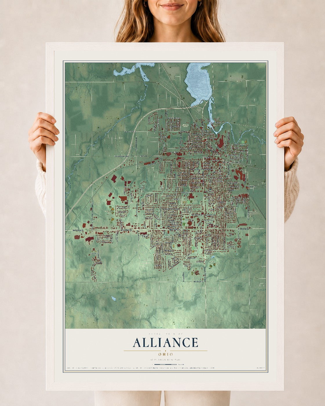 Map of Alliance, Ohio, 24 x 36 inch print in a white wood frame
