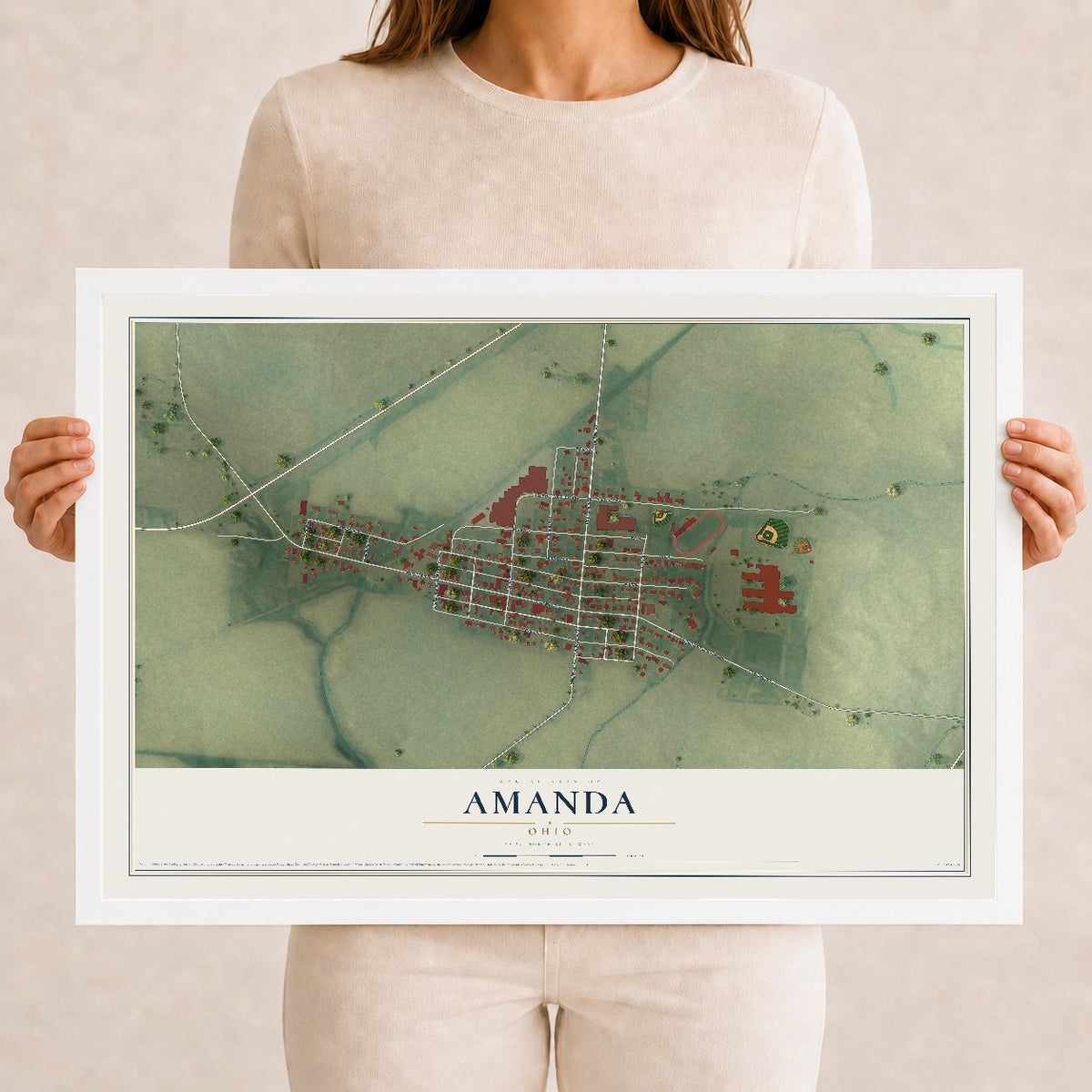 Map of Amanda, Ohio, 12 x 18 inch print in a white wood frame