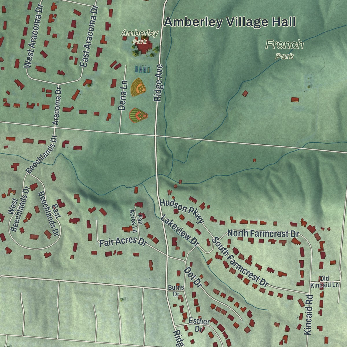 Second close-up of the map of Amberley, Ohio print showing more streets and buildings