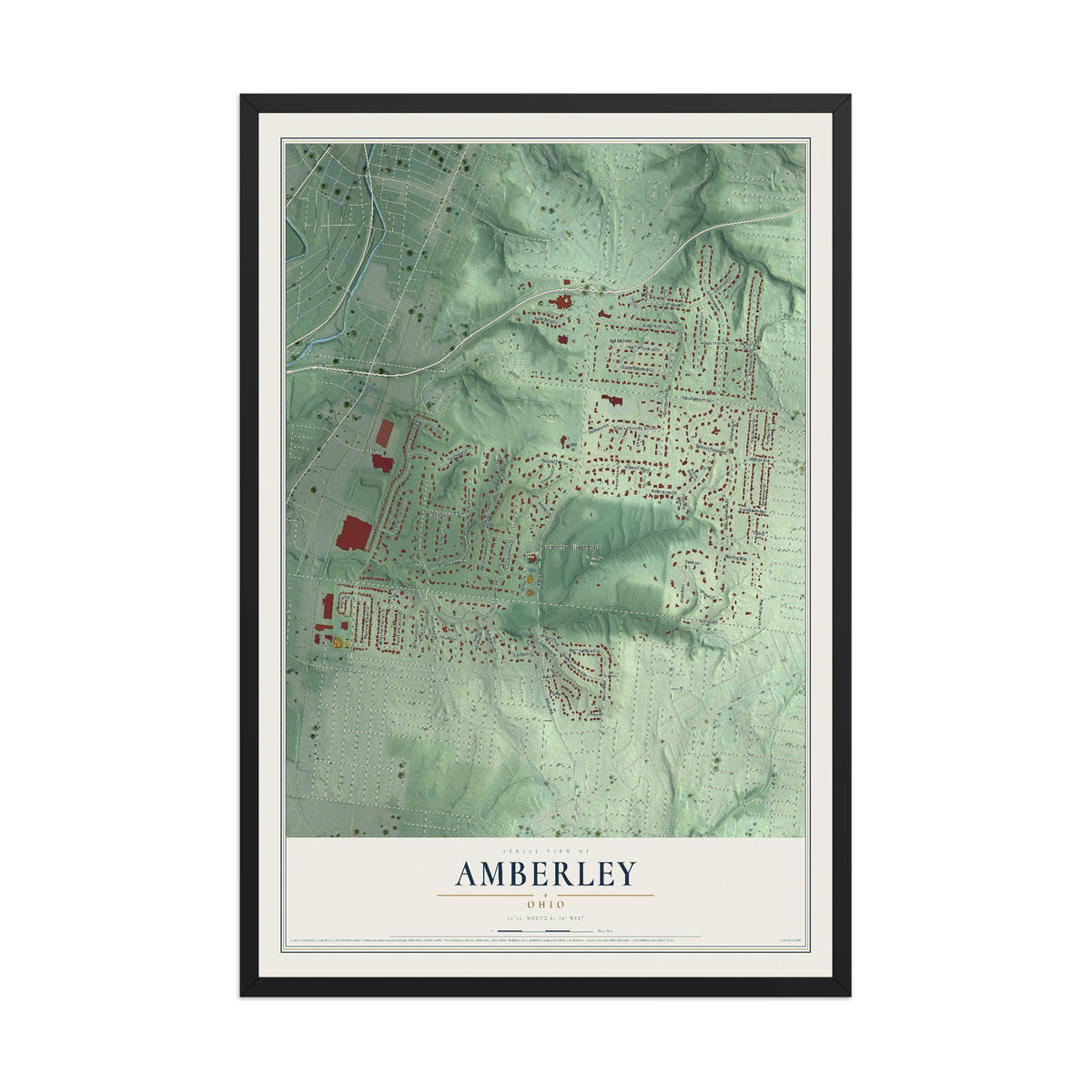 Map of Amberley, Ohio, 12 x 18 inch print in a black wood frame