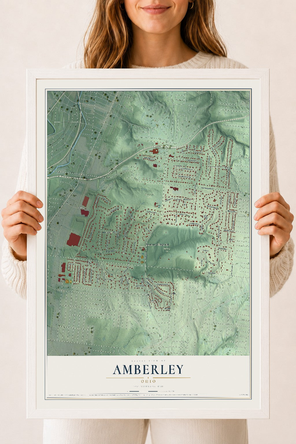 Map of Amberley, Ohio, 18 x 24 inch print in a white wood frame