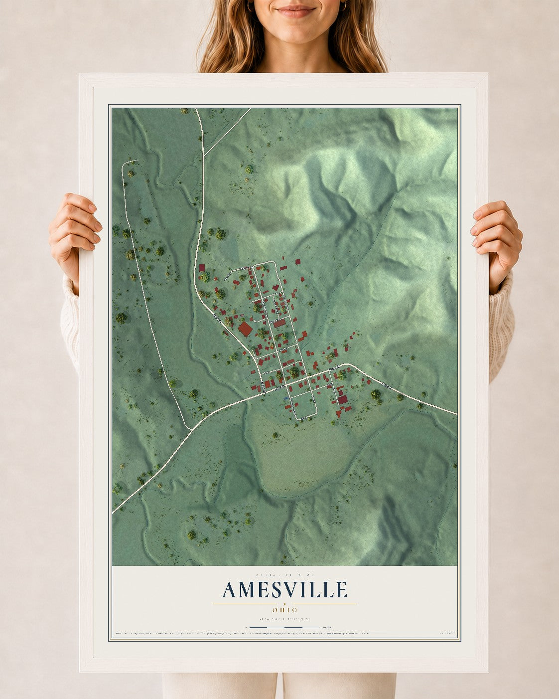 Map of Amesville, Ohio, 24 x 36 inch print in a white wood frame