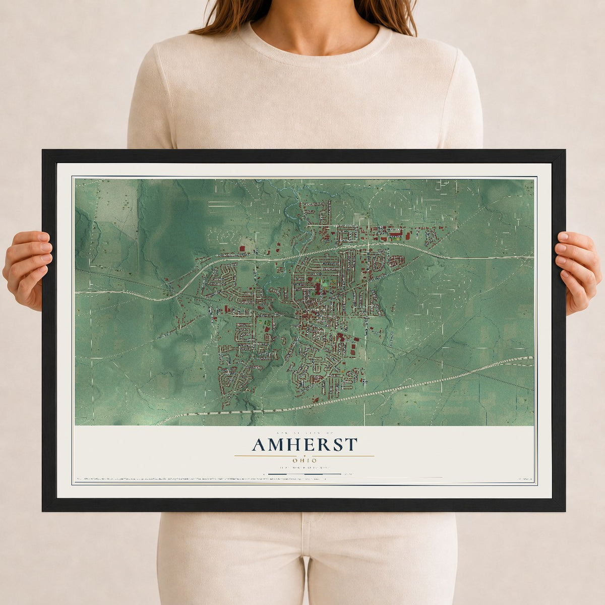 Map of Amherst, Ohio, 12 x 18 inch print in a black wood frame