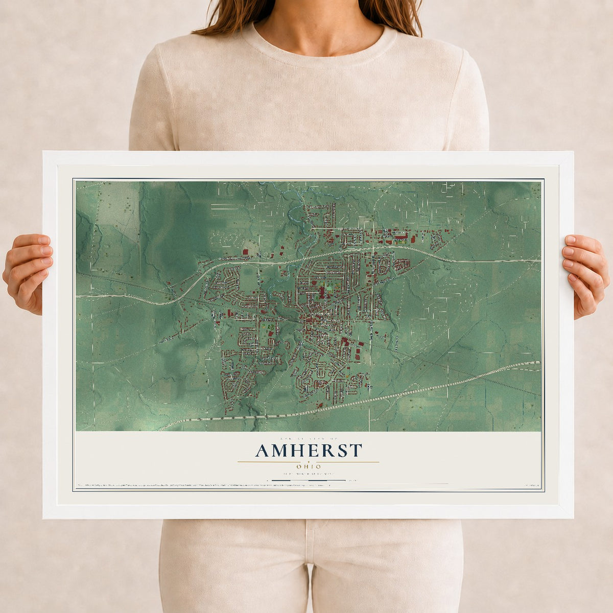 Map of Amherst, Ohio, 12 x 18 inch print in a white wood frame