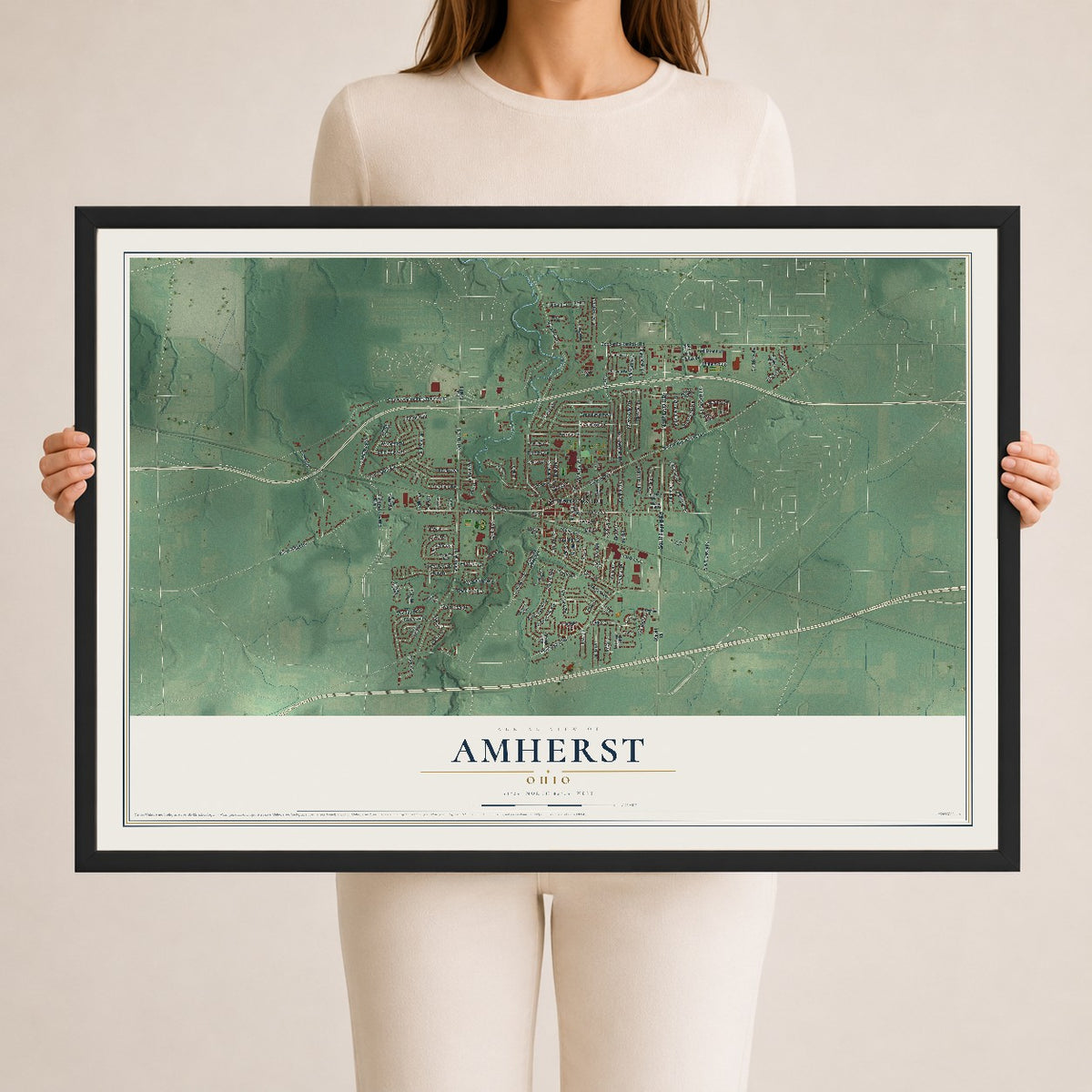 Map of Amherst, Ohio, 24 x 36 inch print in a black wood frame