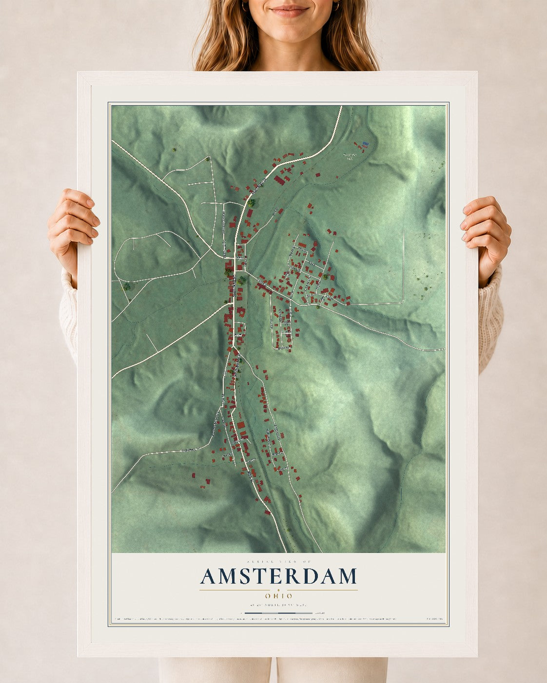 Map of Amsterdam, Ohio, 24 x 36 inch print in a white wood frame