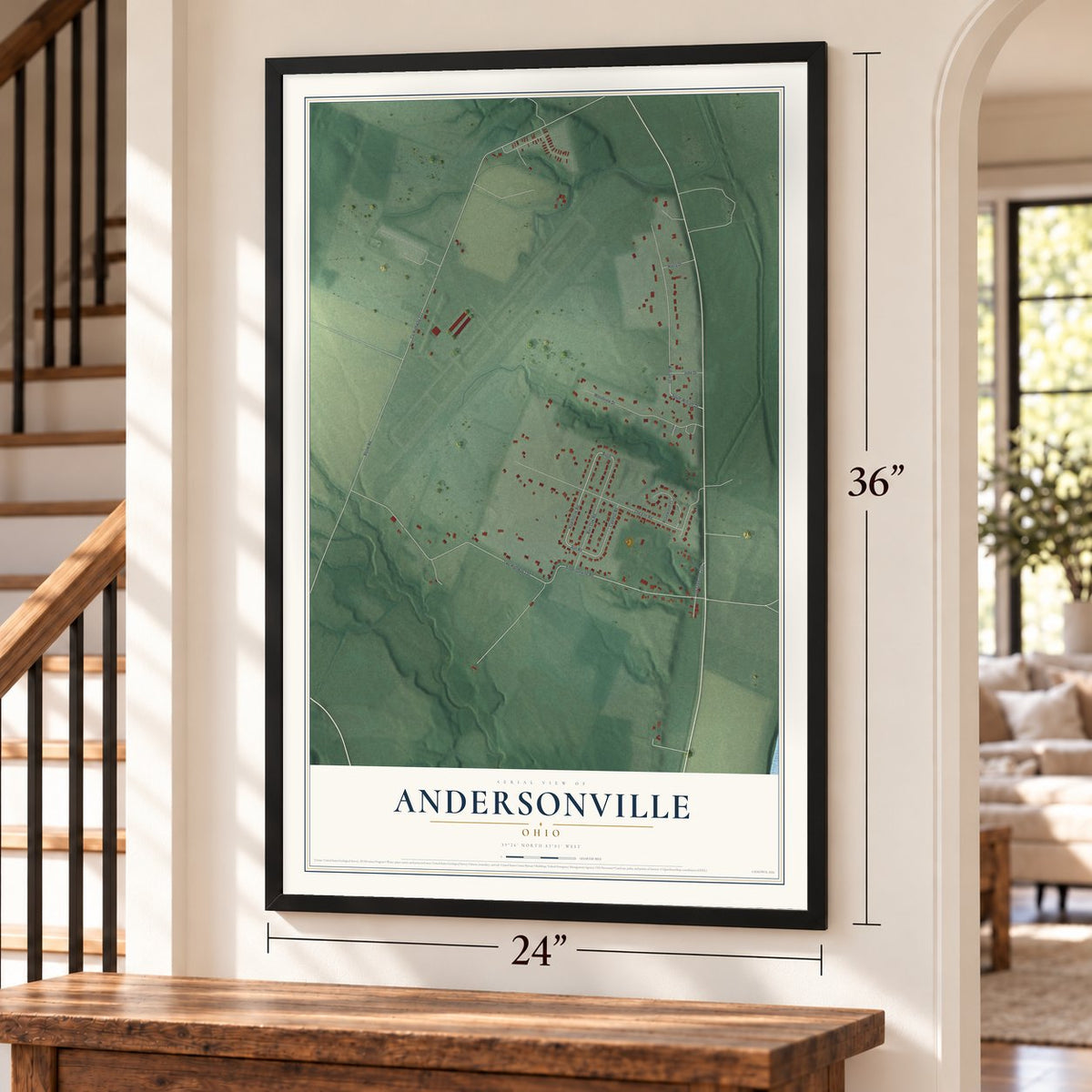Andersonville, Ohio map, 24 x 36 inch print in a black frame by a staircase