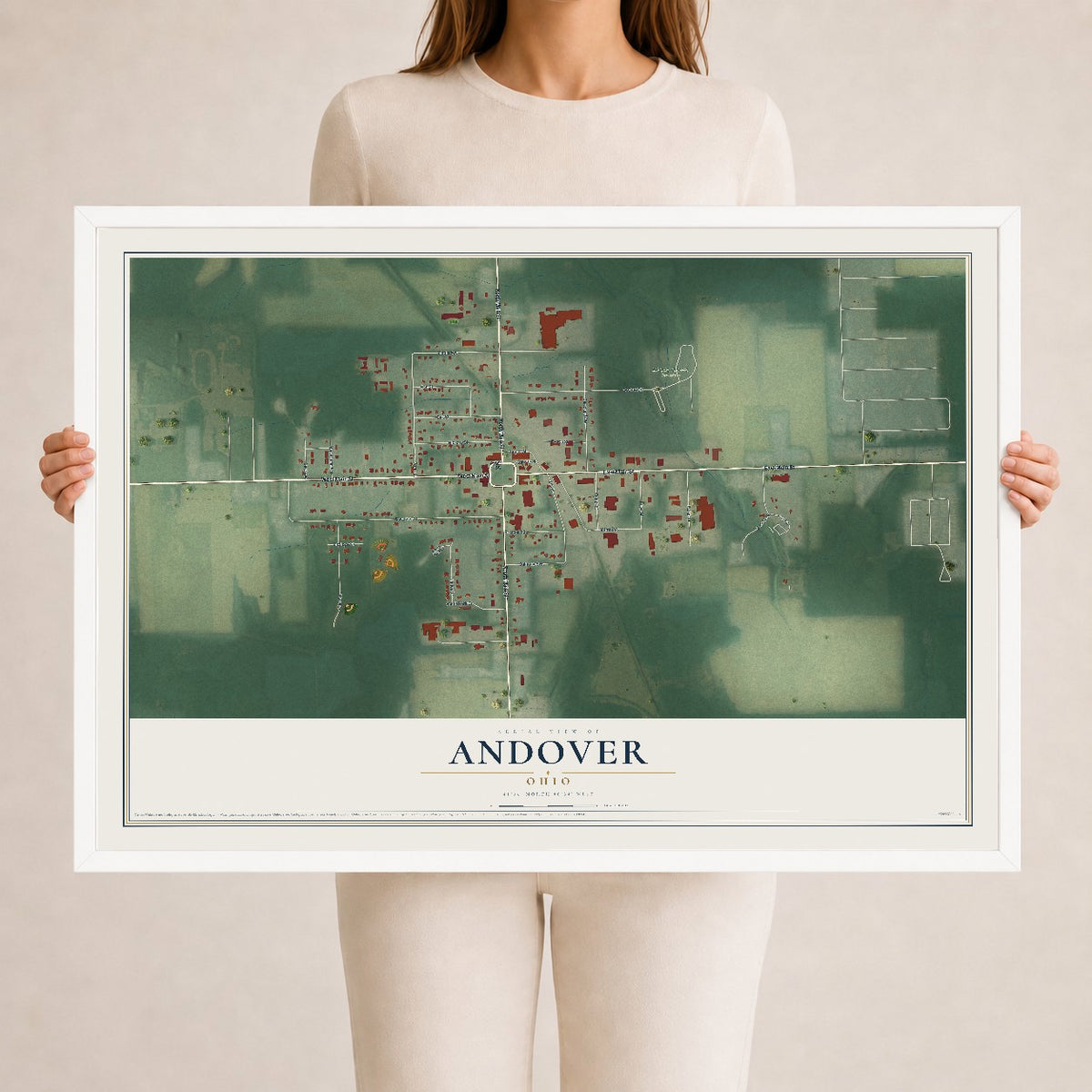 Map of Andover, Ohio, 24 x 36 inch print in a white wood frame