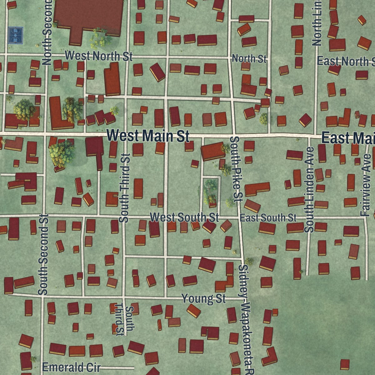 Close-up of the map of Anna, Ohio print showing street and building detail