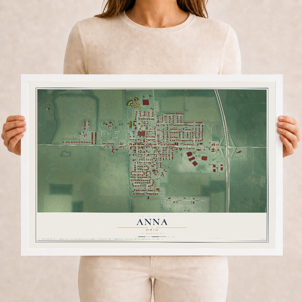 Map of Anna, Ohio, 12 x 18 inch print in a white wood frame