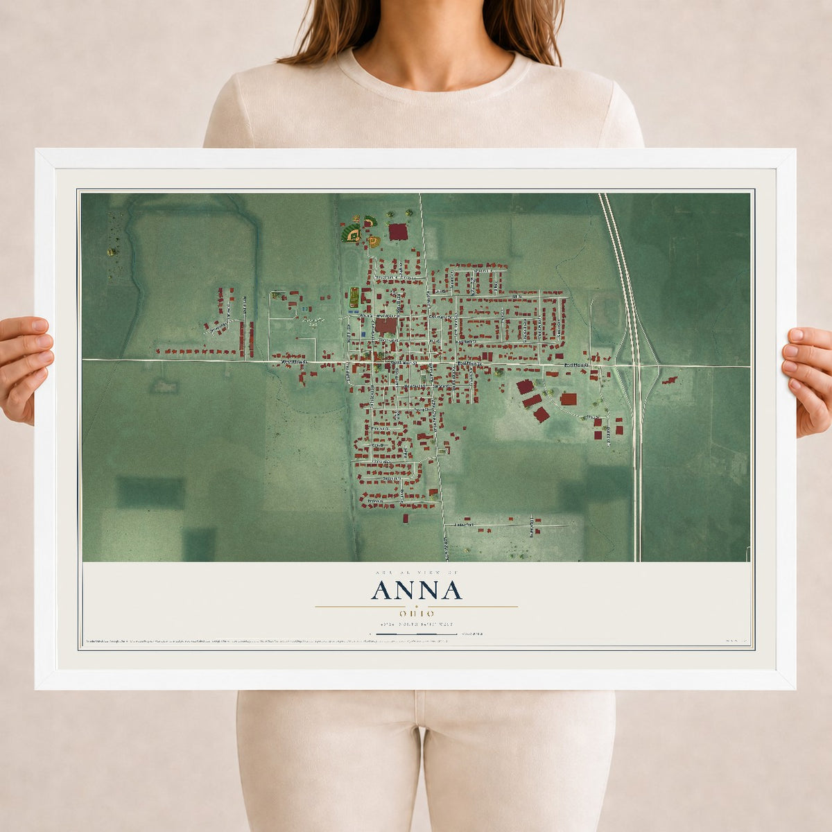 Map of Anna, Ohio, 18 x 24 inch print in a white wood frame