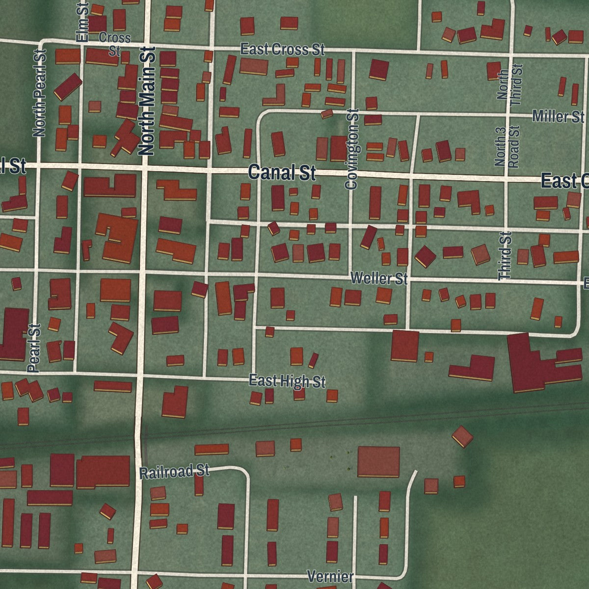 Close-up of the map of Ansonia, Ohio print showing street and building detail