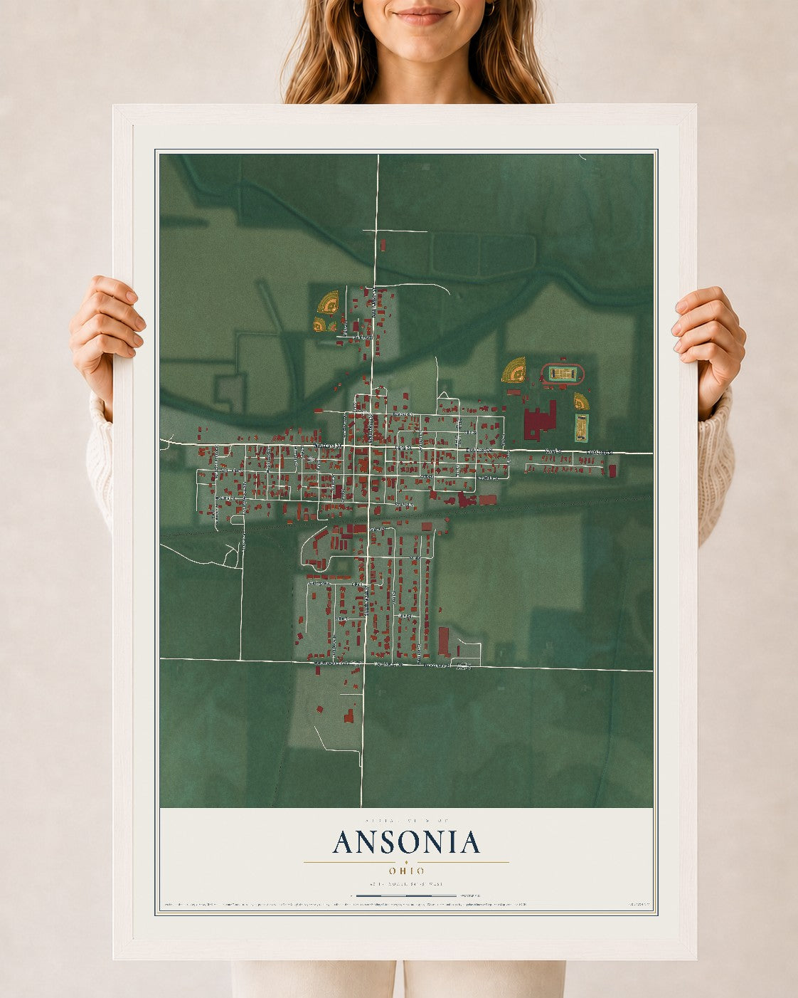 Map of Ansonia, Ohio, 24 x 36 inch print in a white wood frame