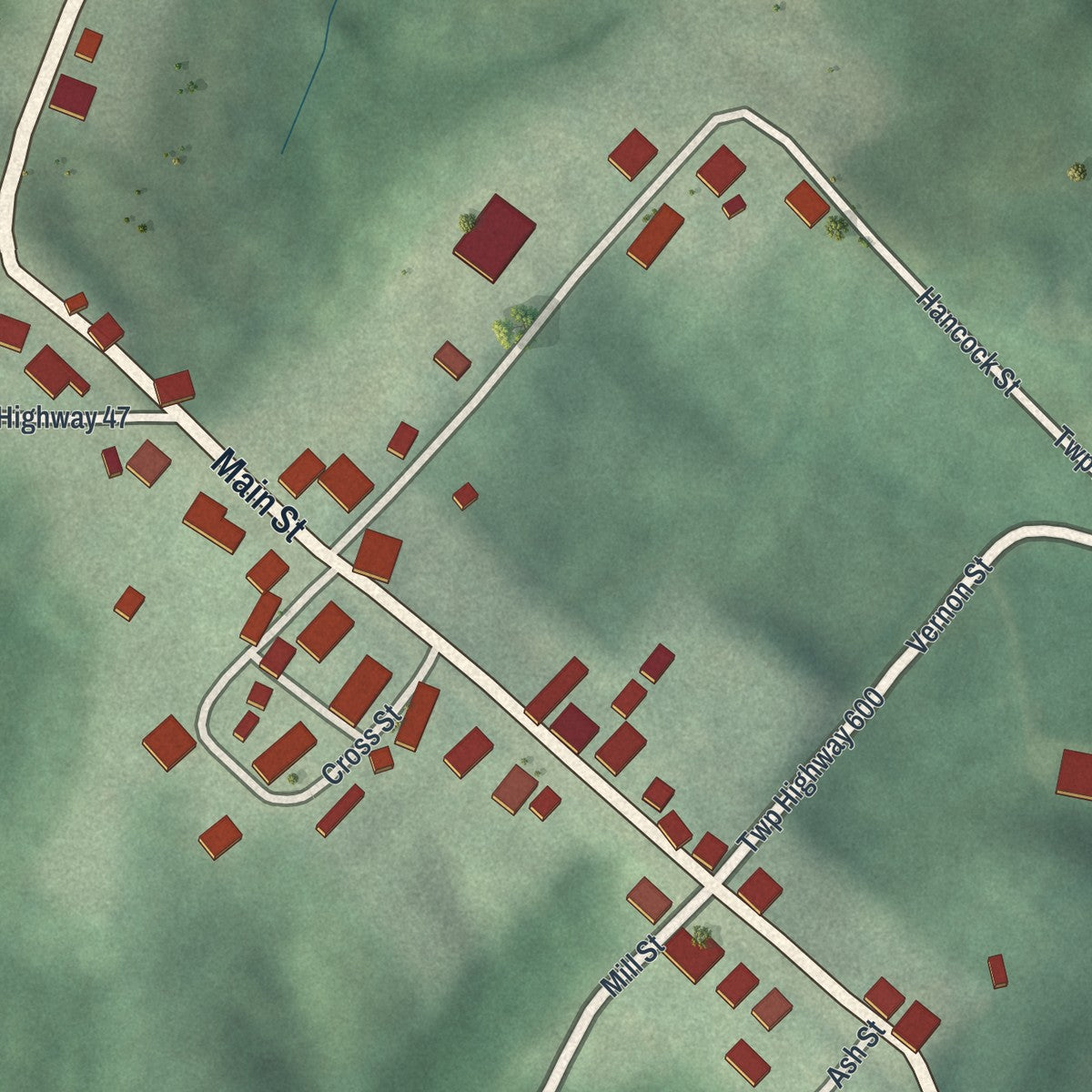 Close-up of the map of Antioch, Ohio print showing street and building detail