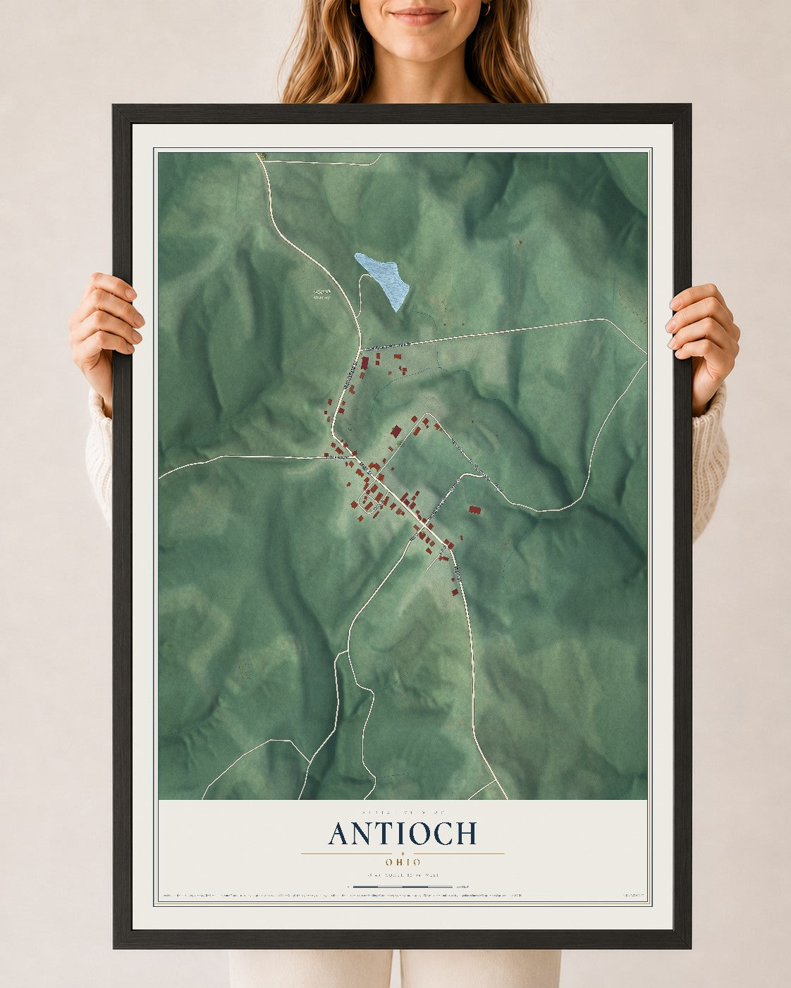 Map of Antioch, Ohio, 24 x 36 inch print in a black wood frame