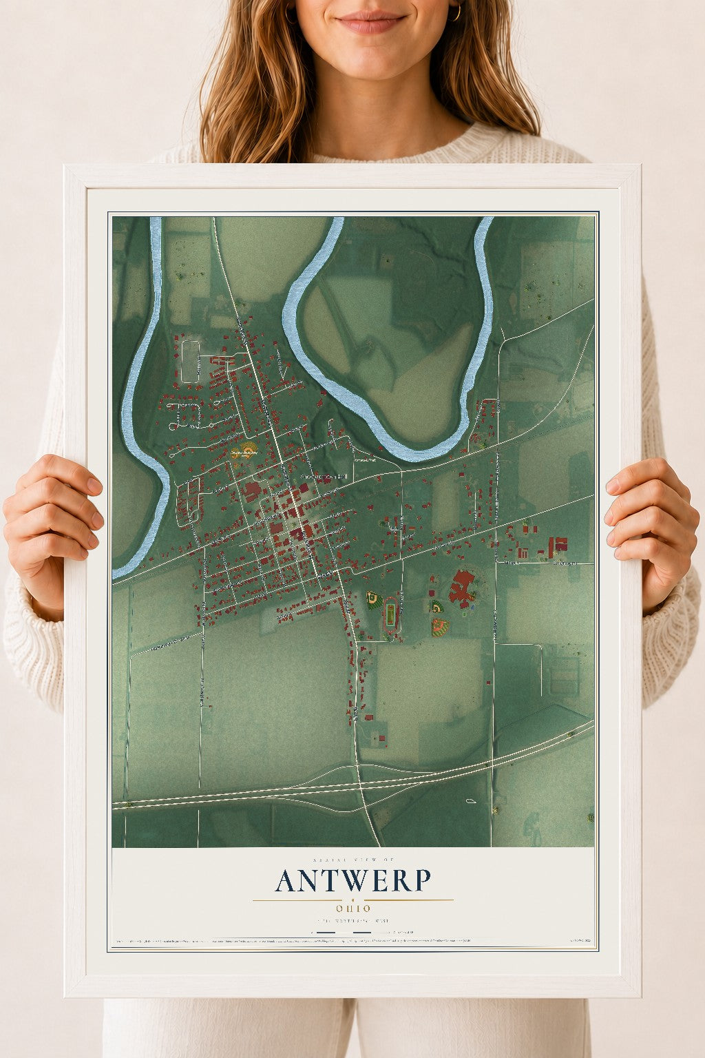 Map of Antwerp, Ohio, 18 x 24 inch print in a white wood frame