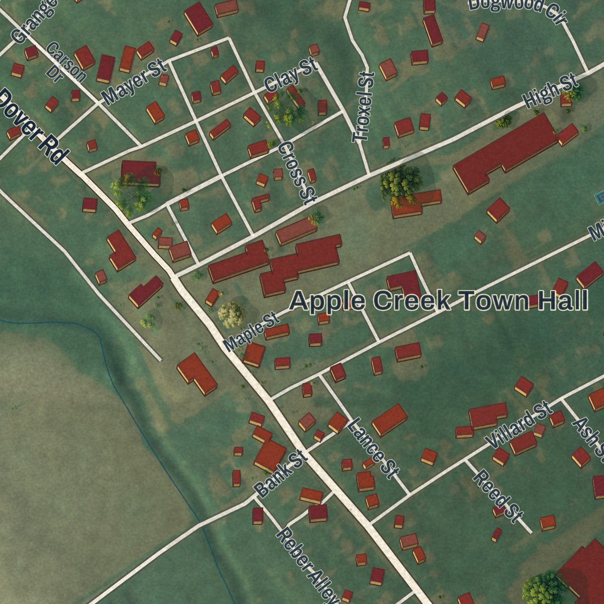 Close-up of the map of Apple Creek, Ohio print showing street and building detail