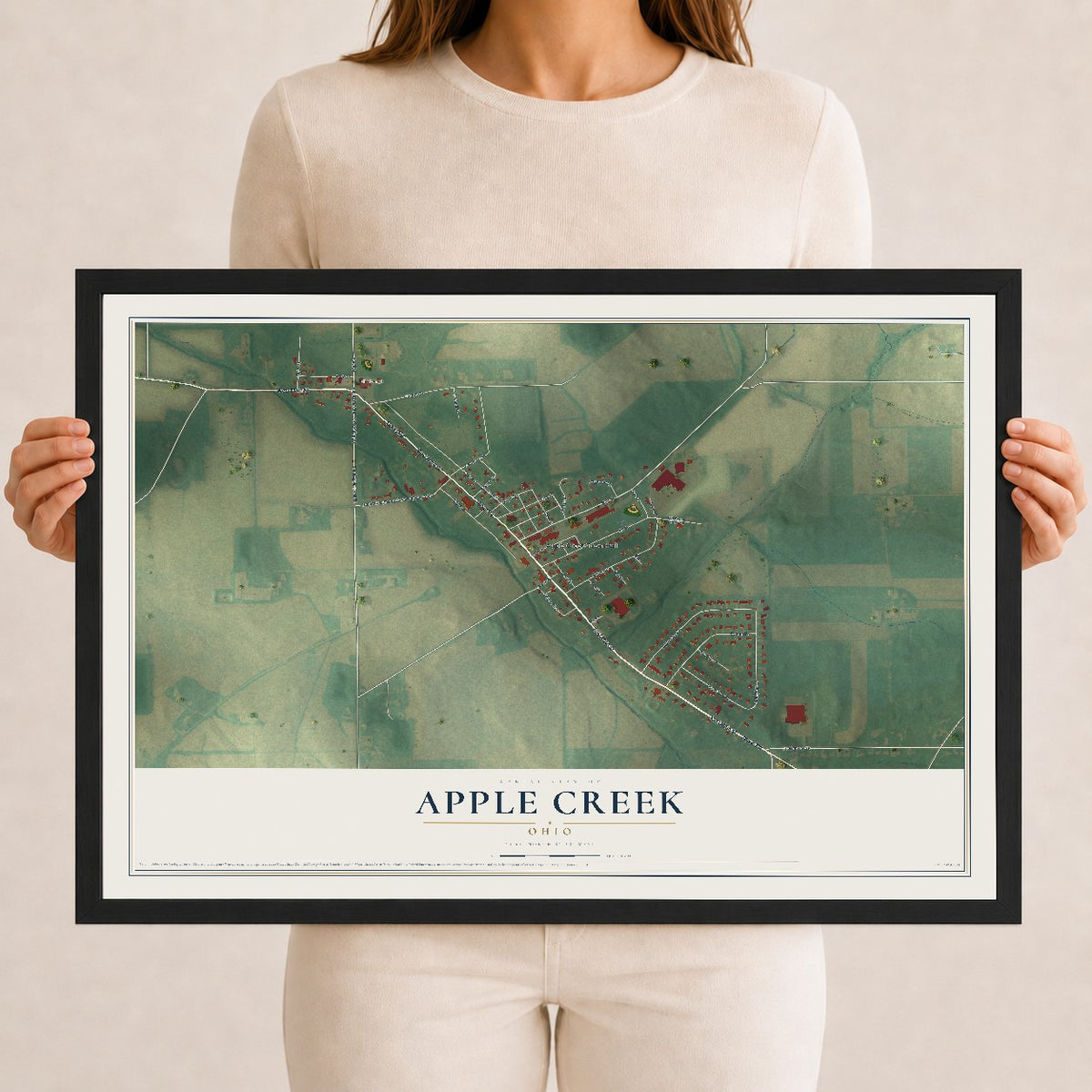 Map of Apple Creek, Ohio, 12 x 18 inch print in a black wood frame