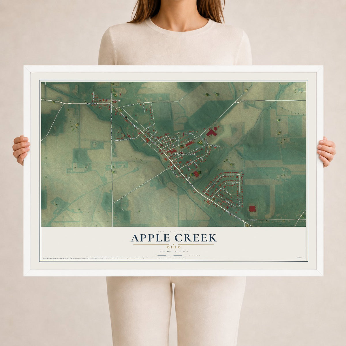 Map of Apple Creek, Ohio, 24 x 36 inch print in a white wood frame