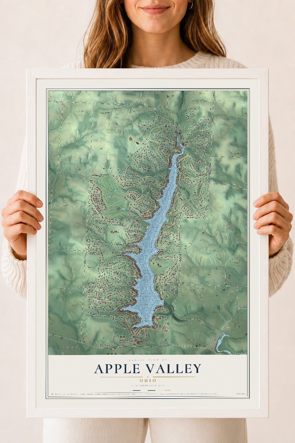 Map of Apple Valley, Ohio, 18 x 24 inch print in a white wood frame