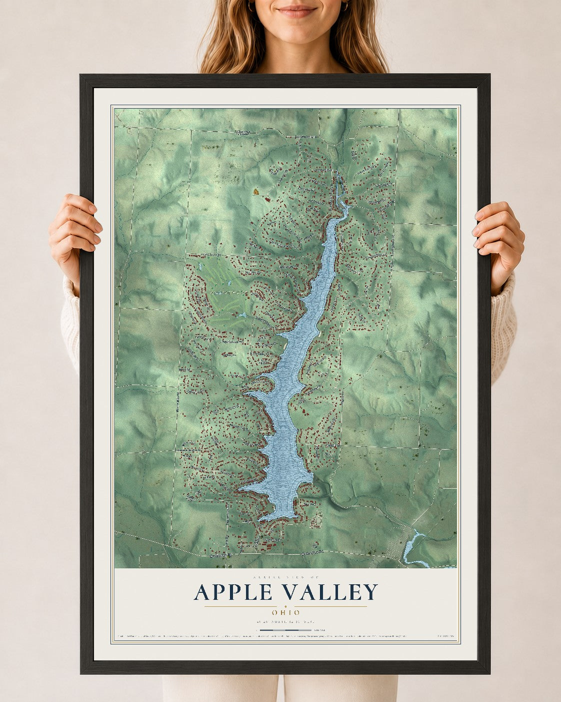 Map of Apple Valley, Ohio, 24 x 36 inch print in a black wood frame