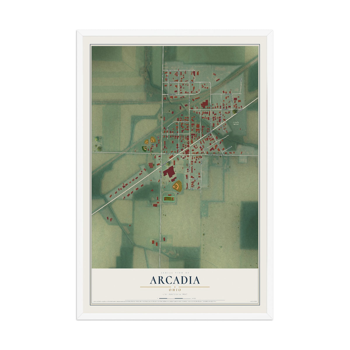 Map of Arcadia, Ohio, 12 x 18 inch print in a white wood frame