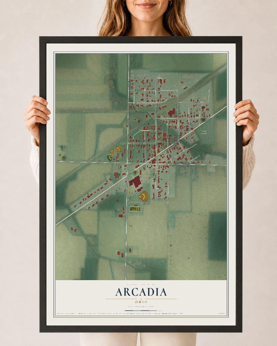 Map of Arcadia, Ohio, 24 x 36 inch print in a black wood frame
