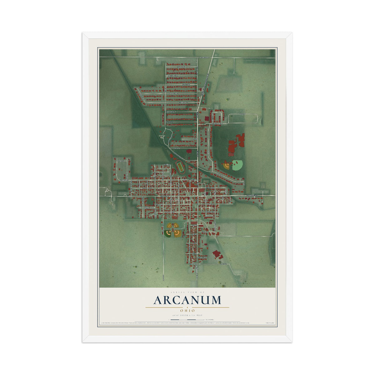Map of Arcanum, Ohio, 12 x 18 inch print in a white wood frame