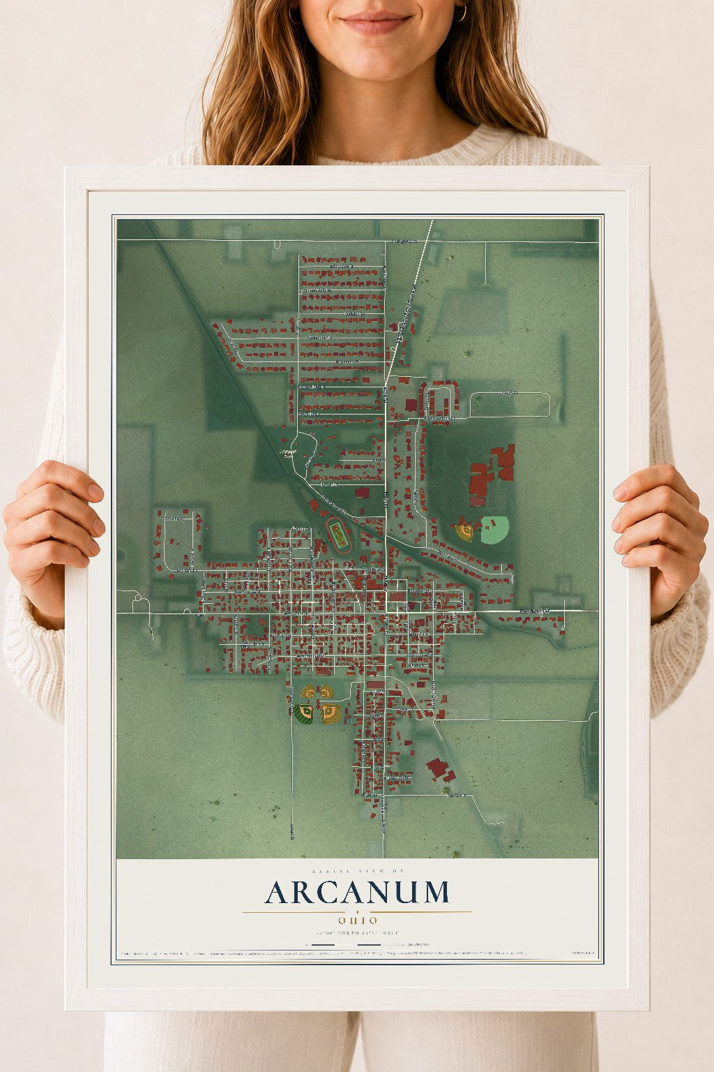 Map of Arcanum, Ohio, 18 x 24 inch print in a white wood frame