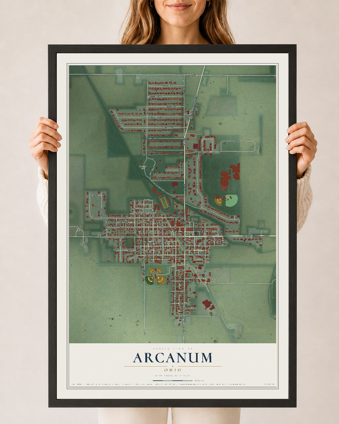 Map of Arcanum, Ohio, 24 x 36 inch print in a black wood frame