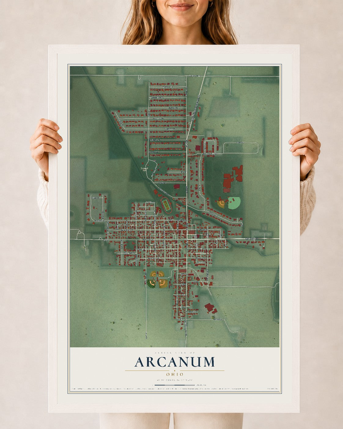 Map of Arcanum, Ohio, 24 x 36 inch print in a white wood frame