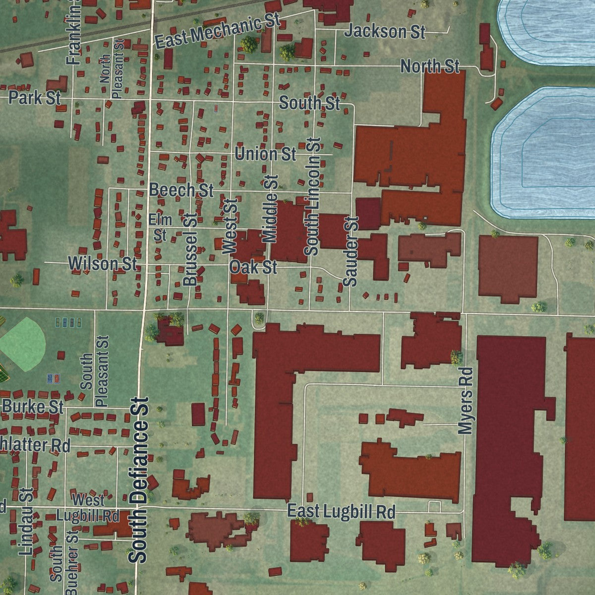 Close-up of the map of Archbold, Ohio print showing street and building detail