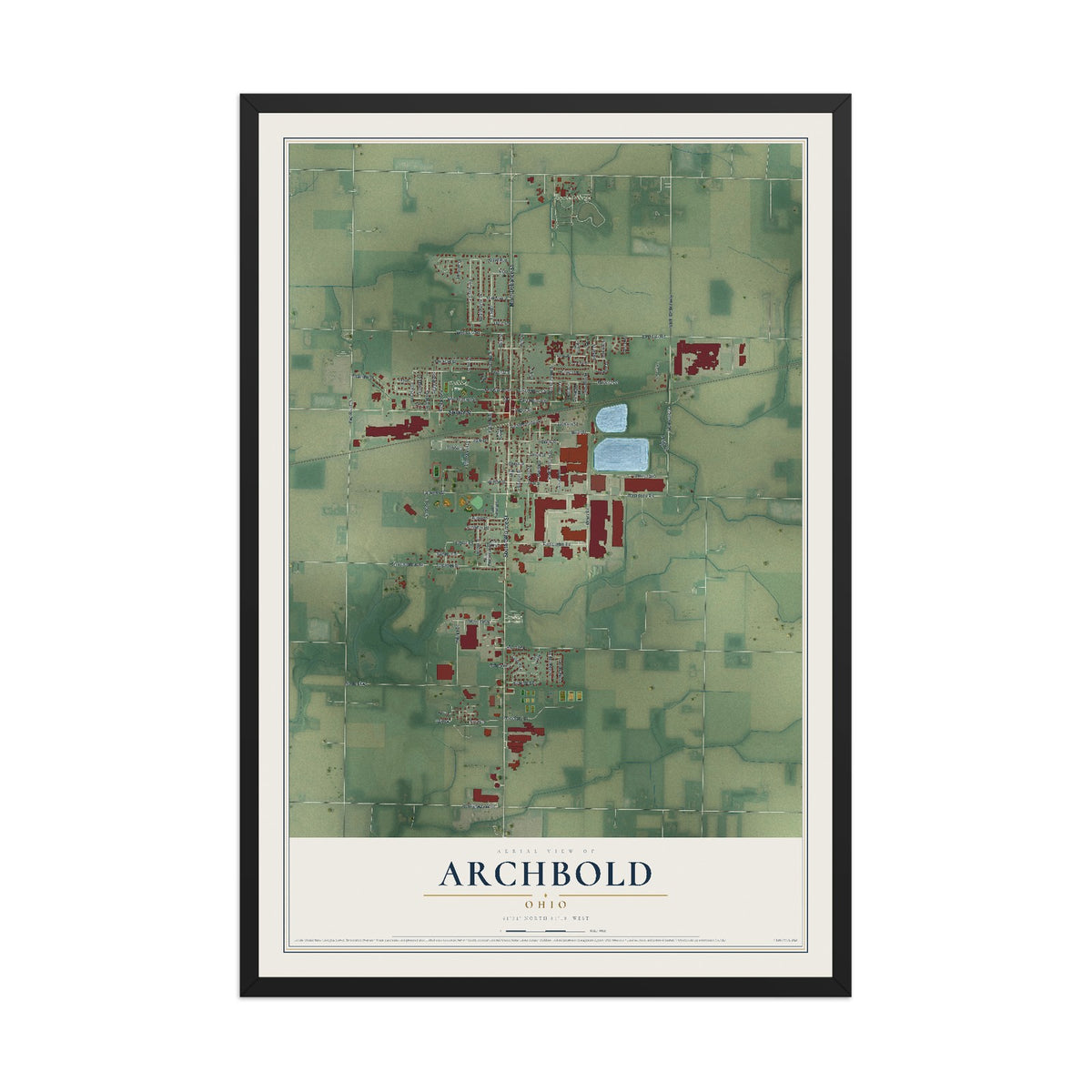 Map of Archbold, Ohio, 12 x 18 inch print in a black wood frame