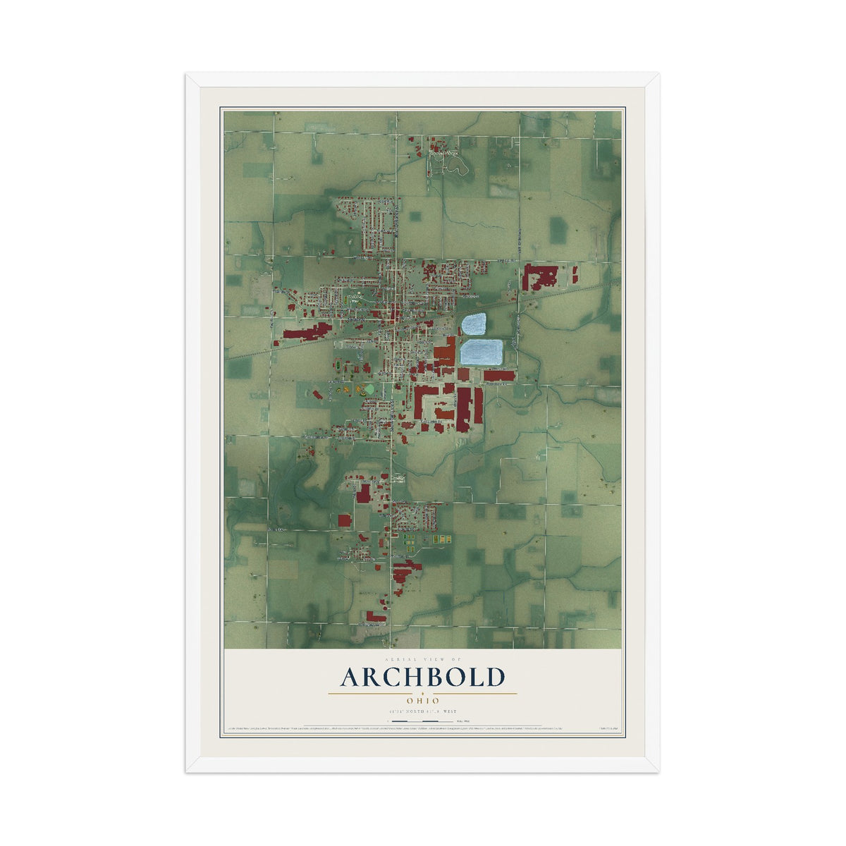 Map of Archbold, Ohio, 12 x 18 inch print in a white wood frame