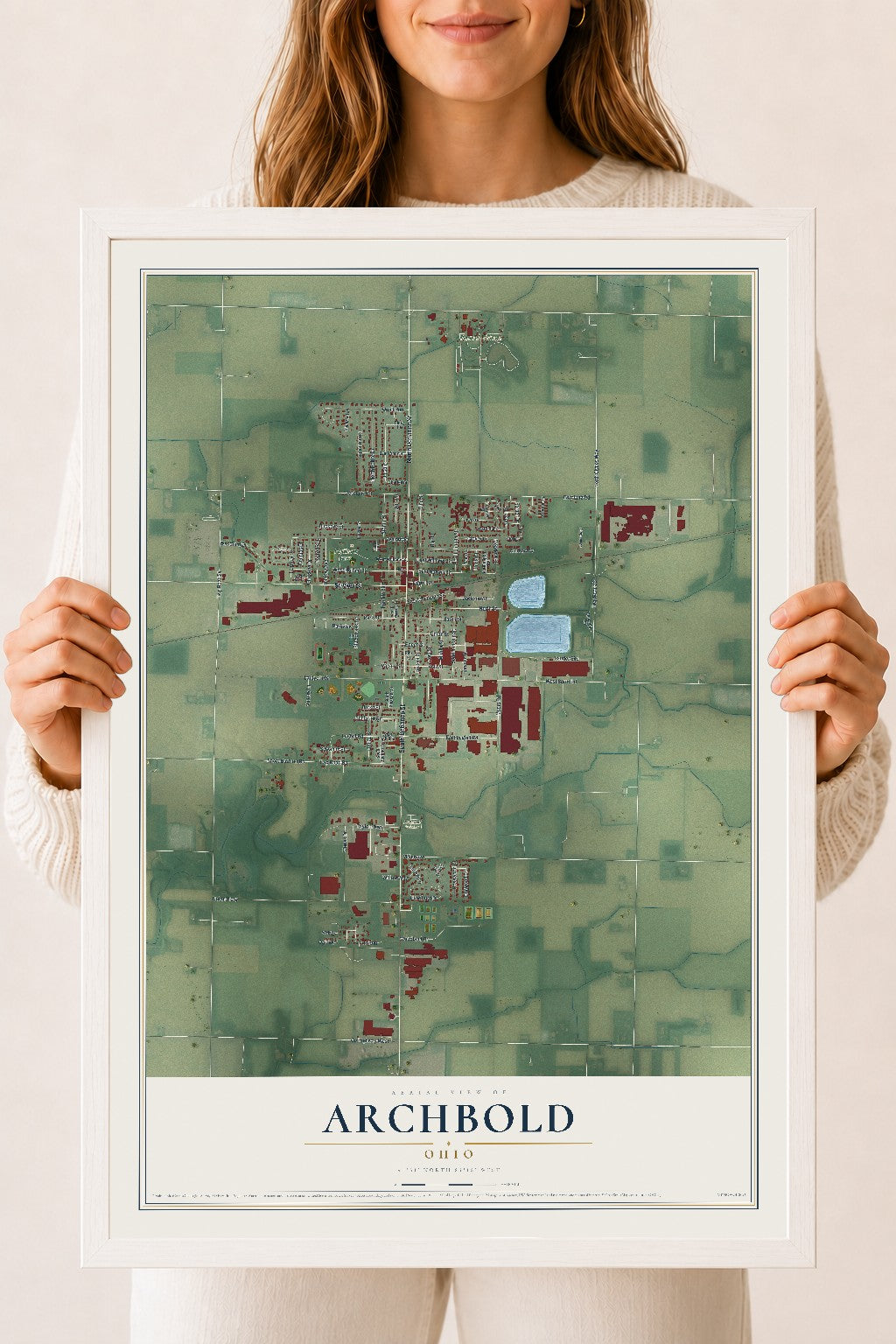 Map of Archbold, Ohio, 18 x 24 inch print in a white wood frame
