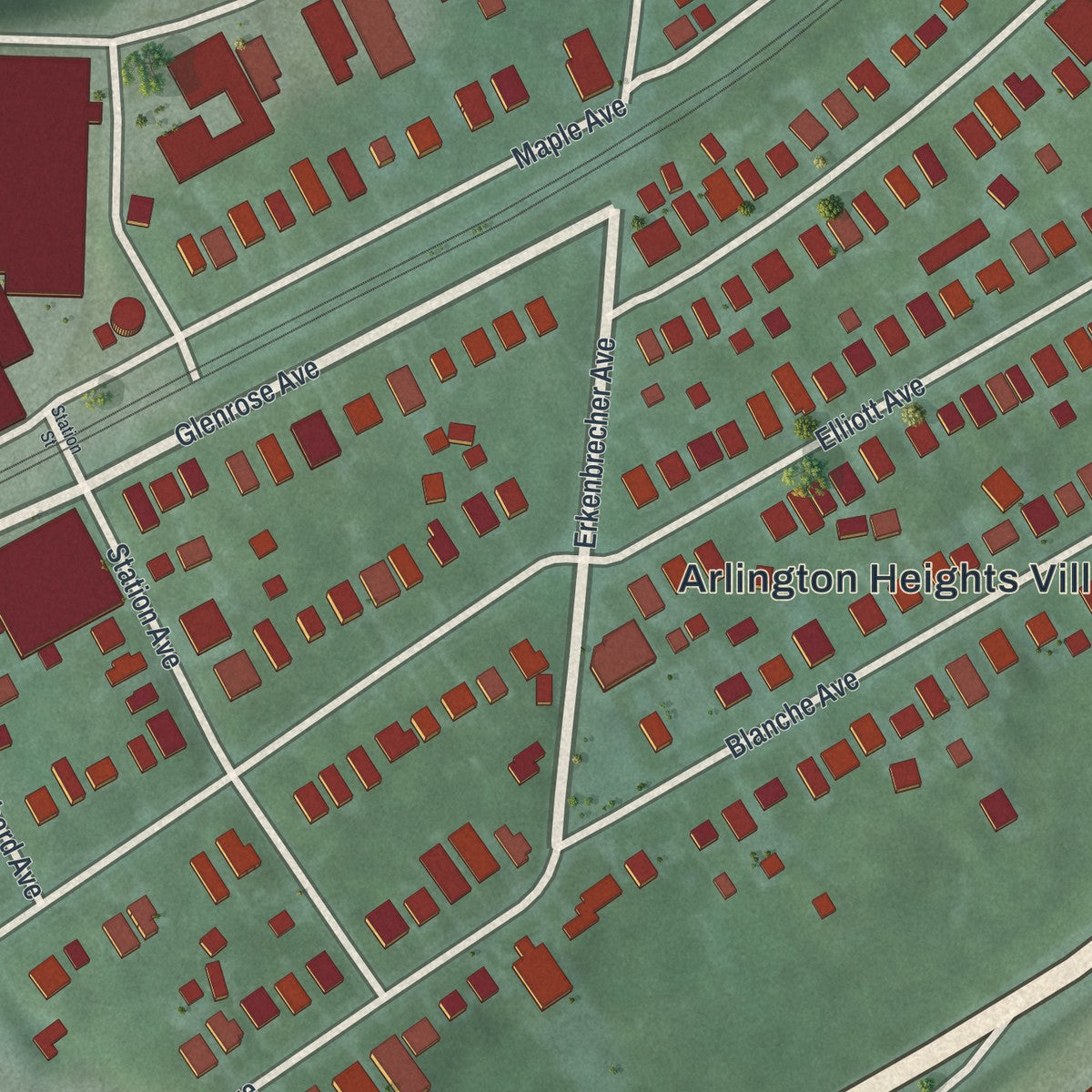 Close-up of the map of Arlington Heights, Ohio print showing street and building detail
