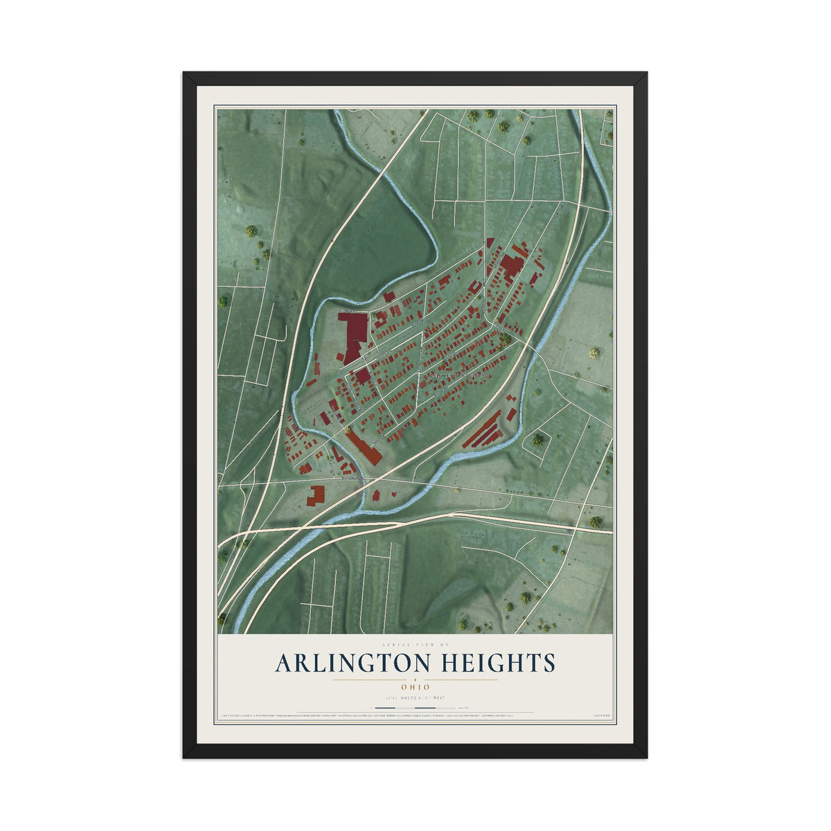 Map of Arlington Heights, Ohio, 12 x 18 inch print in a black wood frame