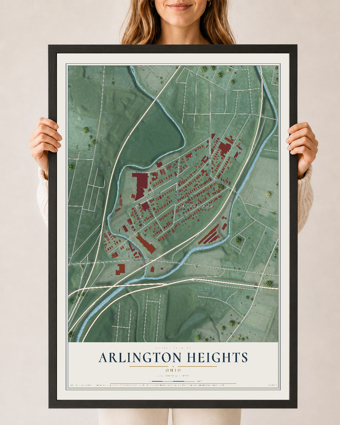 Map of Arlington Heights, Ohio, 24 x 36 inch print in a black wood frame