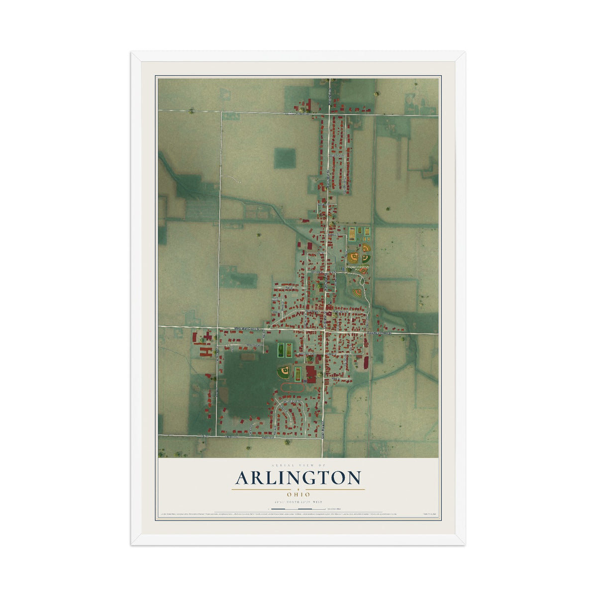 Map of Arlington, Ohio, 12 x 18 inch print in a white wood frame