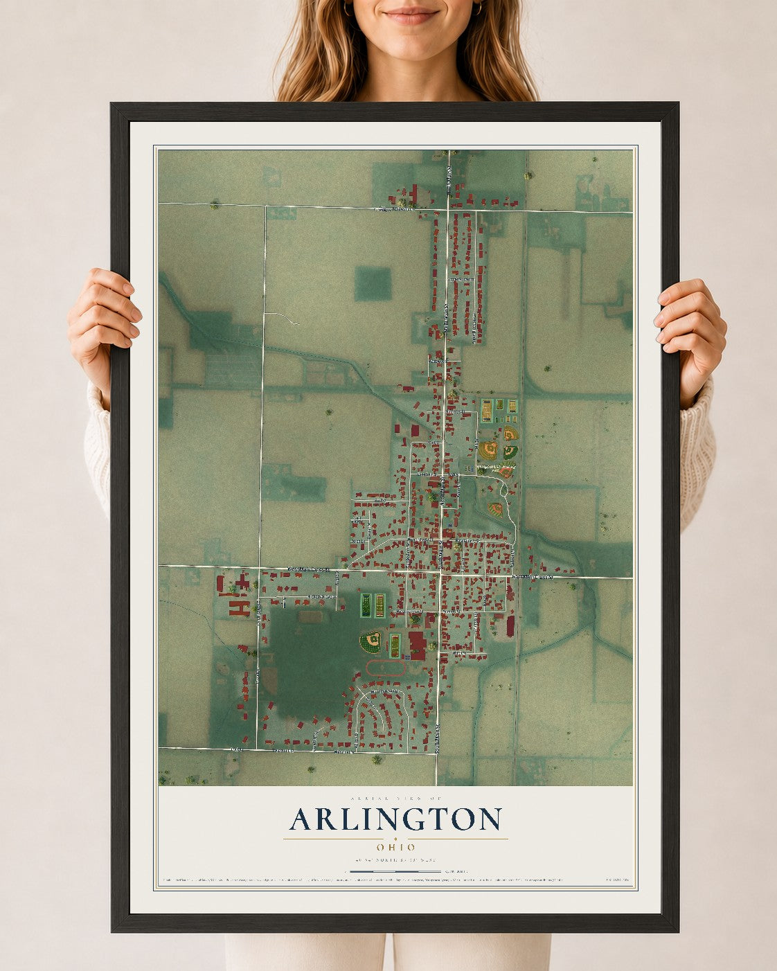 Map of Arlington, Ohio, 24 x 36 inch print in a black wood frame