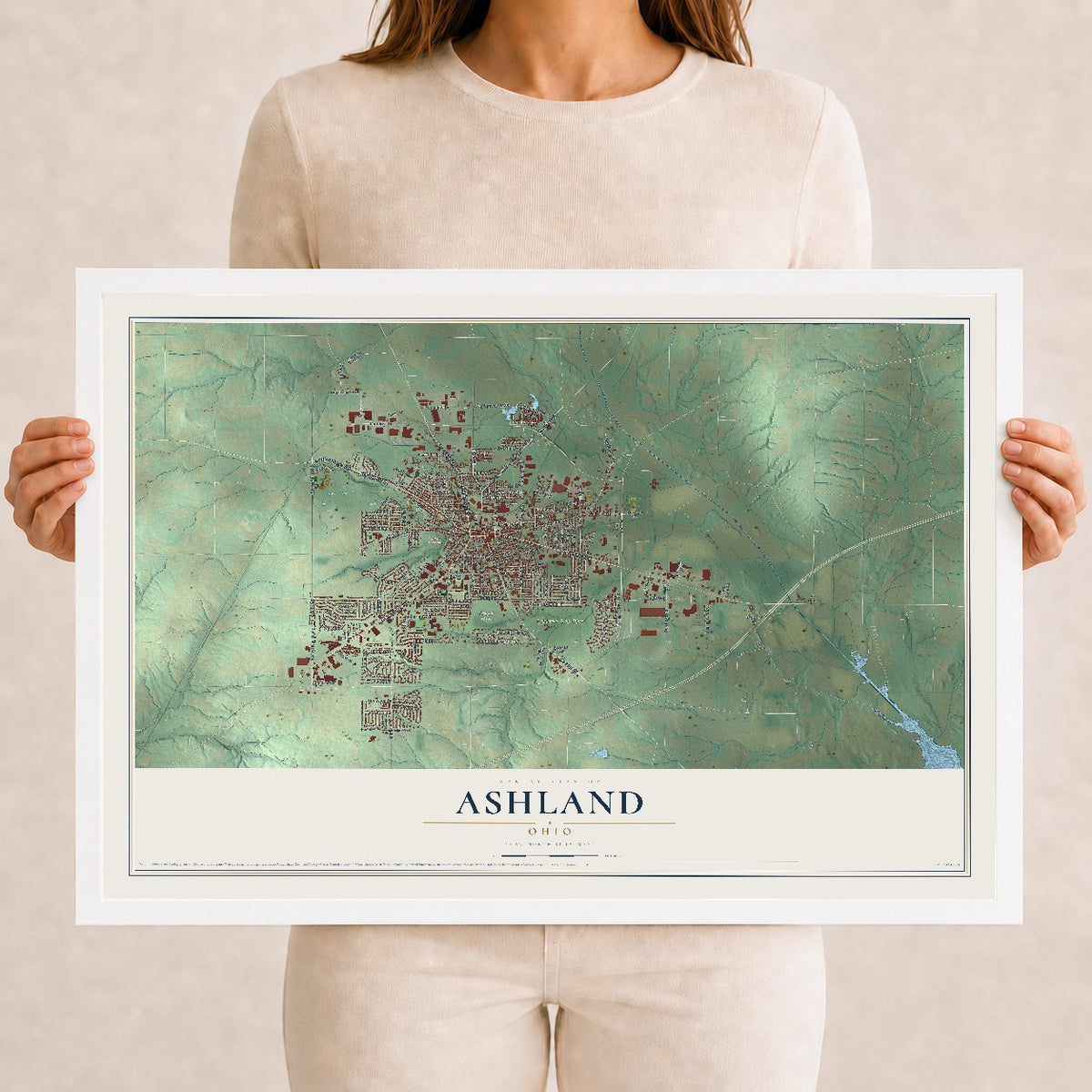 Map of Ashland, Ohio, 12 x 18 inch print in a white wood frame