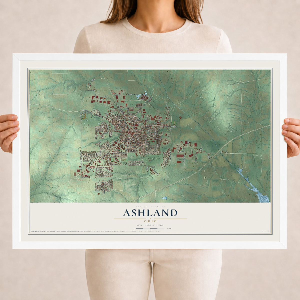 Map of Ashland, Ohio, 18 x 24 inch print in a white wood frame