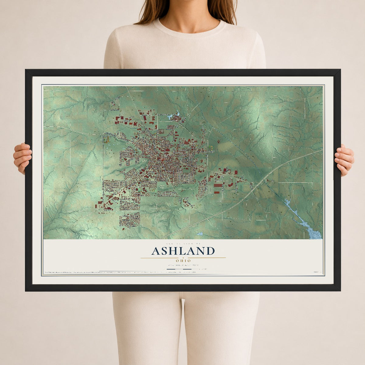 Map of Ashland, Ohio, 24 x 36 inch print in a black wood frame