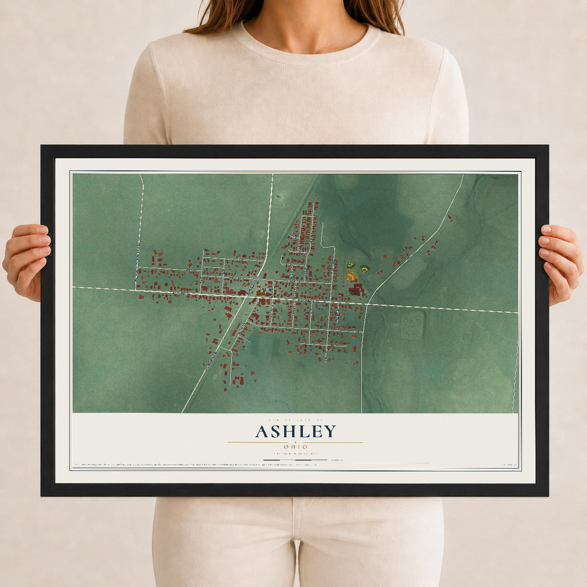 Map of Ashley, Ohio, 12 x 18 inch print in a black wood frame